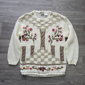 Floral Handmade Knit Sweater - Cream - Floral Embroideries